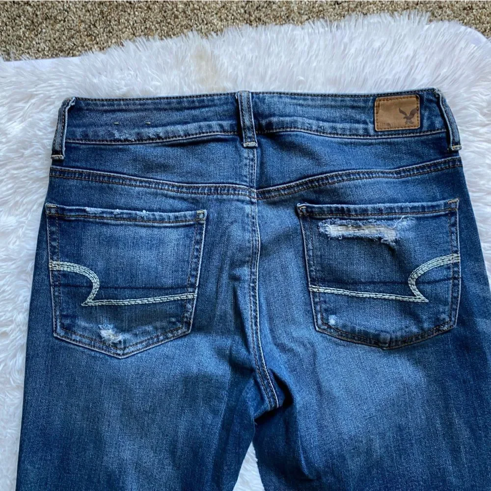 American Eagle Tomgirl Jeans Button‎ Fly Raw Ankle Hem Blue Stretch Distressed 2